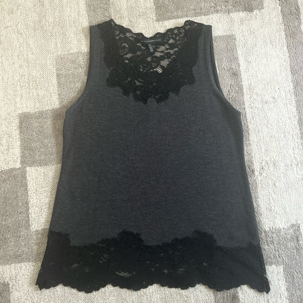 White House Black Market, gray and black lace sleeveless top, size medium